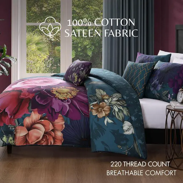 Alt view image 4 of 7 - Bebejan Vibrant Flora 100% Cotton Sateen 5 Piece Queen Size Reversible Comforter Set