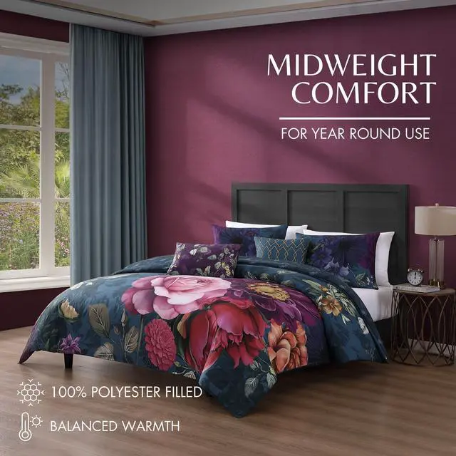 Alt view image 5 of 7 - Bebejan Vibrant Flora 100% Cotton Sateen 5 Piece Queen Size Reversible Comforter Set
