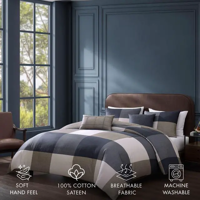 Alt view image 2 of 7 - Bebejan Checkered Navy Tan 100% Cotton Sateen 5 Piece Reversible Queen Size Comforter Set