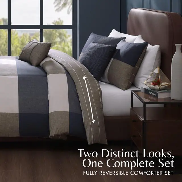 Alt view image 3 of 7 - Bebejan Checkered Navy Tan 100% Cotton Sateen 5 Piece Reversible Queen Size Comforter Set