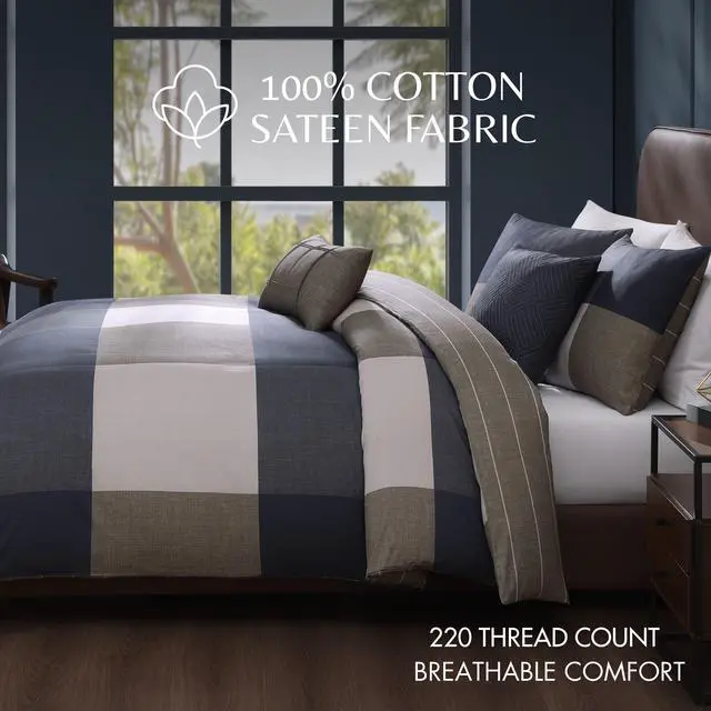 Alt view image 4 of 7 - Bebejan Checkered Navy Tan 100% Cotton Sateen 5 Piece Reversible Queen Size Comforter Set