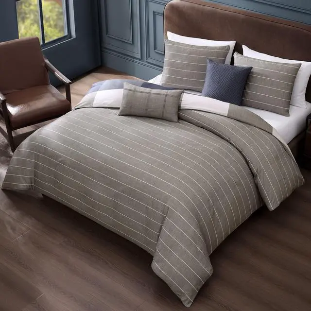 Alt view image 5 of 7 - Bebejan Checkered Navy Tan 100% Cotton Sateen 5 Piece Reversible Queen Size Comforter Set