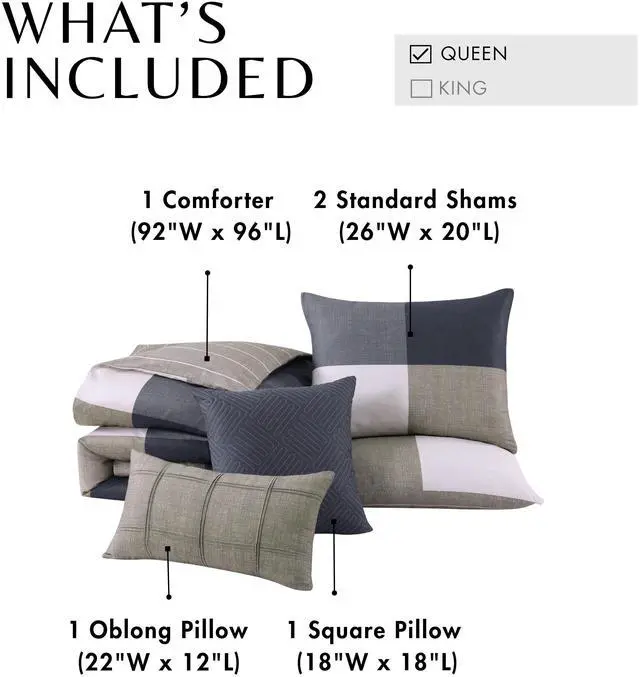 Alt view image 7 of 7 - Bebejan Checkered Navy Tan 100% Cotton Sateen 5 Piece Reversible Queen Size Comforter Set