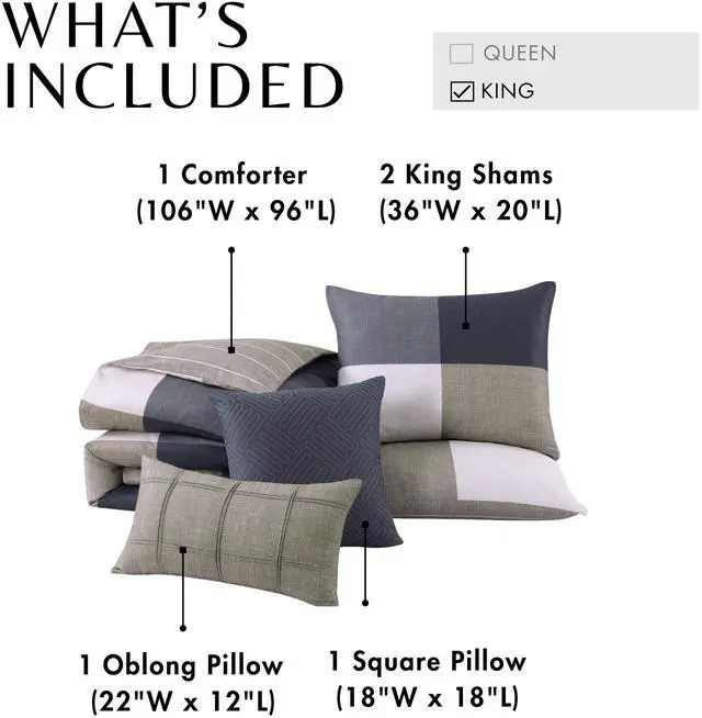 Alt view image 7 of 7 - Bebejan Checkered Navy Tan 100% Cotton Sateen 5 Piece Reversible King Size Comforter Set