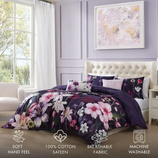 Alt view image 2 of 7 - Bebejan Morning Glory 100% Cotton Sateen 5 Piece King Reversible Comforter Set