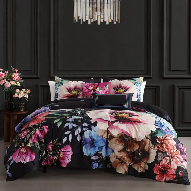 Main image of Bebejan Black Night Poppies 100% Cotton Sateen Queen 5 Piece Reversible Comforter Set