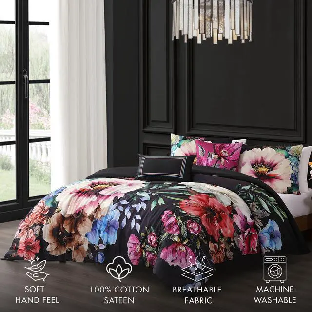 Alt view image 2 of 7 - Bebejan Black Night Poppies 100% Cotton Sateen Queen 5 Piece Reversible Comforter Set