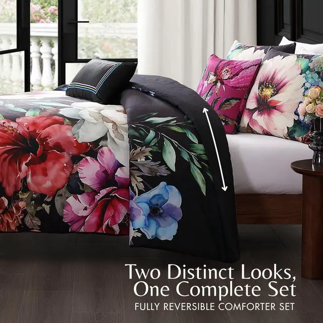 Alt view image 3 of 7 - Bebejan Black Night Poppies 100% Cotton Sateen Queen 5 Piece Reversible Comforter Set