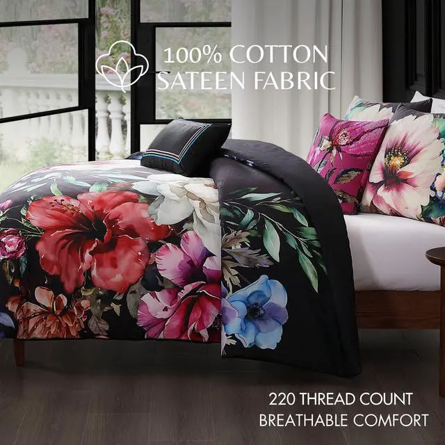 Alt view image 5 of 7 - Bebejan Black Night Poppies 100% Cotton Sateen Queen 5 Piece Reversible Comforter Set