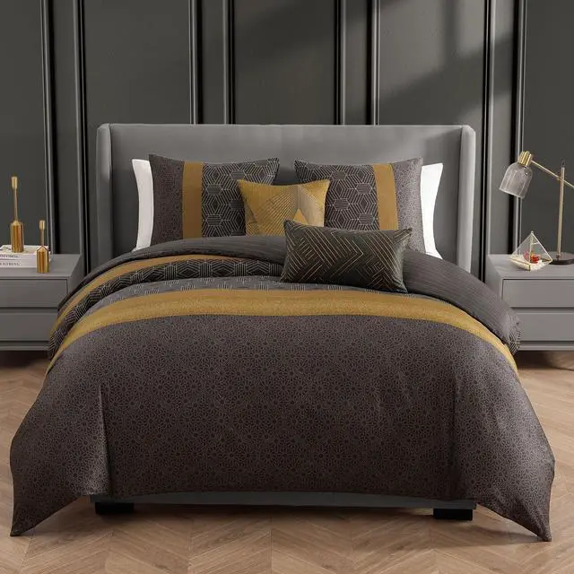 Main image of Bebejan Golden Hex 100% Cotton Sateen 5 Piece Queen Reversible Comforter Set