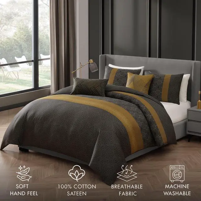 Alt view image 2 of 7 - Bebejan Golden Hex 100% Cotton Sateen 5 Piece Queen Reversible Comforter Set