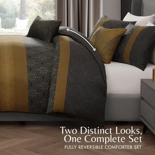 Alt view image 3 of 7 - Bebejan Golden Hex 100% Cotton Sateen 5 Piece Queen Reversible Comforter Set