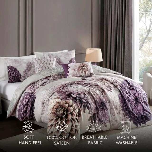 Alt view image 2 of 7 - Bebejan Dahlia Purple 100% Cotton Sateen 5 Piece Queen Size Reversible Comforter Set