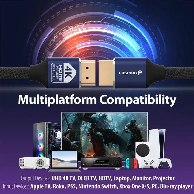 Alt view image 3 of 7 - Fosmon 16.5FT CL3 Rated 28AWG Cotton Braided Premium High Speed HDMI Cable (Supports Ethernet, 3D, Audio Return, 4K@60Hz) - Blue/Black