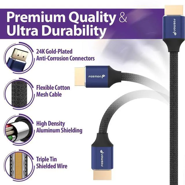 Alt view image 4 of 7 - Fosmon 16.5FT CL3 Rated 28AWG Cotton Braided Premium High Speed HDMI Cable (Supports Ethernet, 3D, Audio Return, 4K@60Hz) - Blue/Black