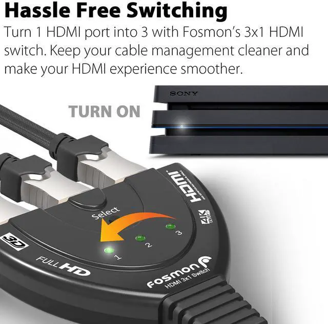 Alt view image 2 of 7 - Fosmon 3-Port 4K HDMI Switcher, Auto-Switch HDMI Switcher Supports 3D HDR HD 1080P HDCP, 3x1 HDMI Splitter for HDTV, PS5, PS4, Fire Stick
