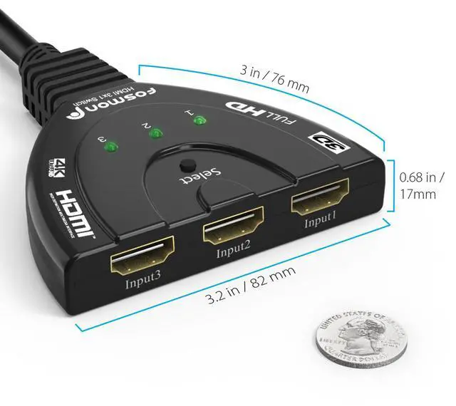 Alt view image 5 of 7 - Fosmon 3-Port 4K HDMI Switcher, Auto-Switch HDMI Switcher Supports 3D HDR HD 1080P HDCP, 3x1 HDMI Splitter for HDTV, PS5, PS4, Fire Stick