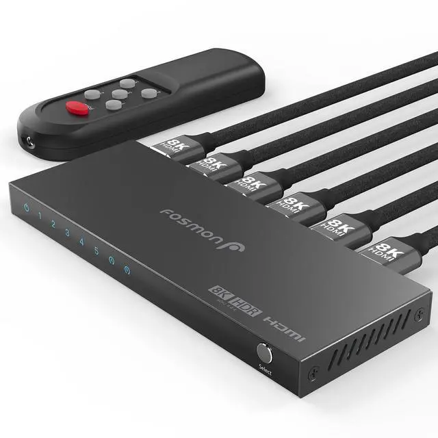 Main image of Fosmon 5-Port 8K HDMI 2.1 Switch with Remote Control, HDCP 2.3 Auto-Switching HDMI Switcher, 5x1 HDMI Splitter for PS5, Xbox X, Apple TV