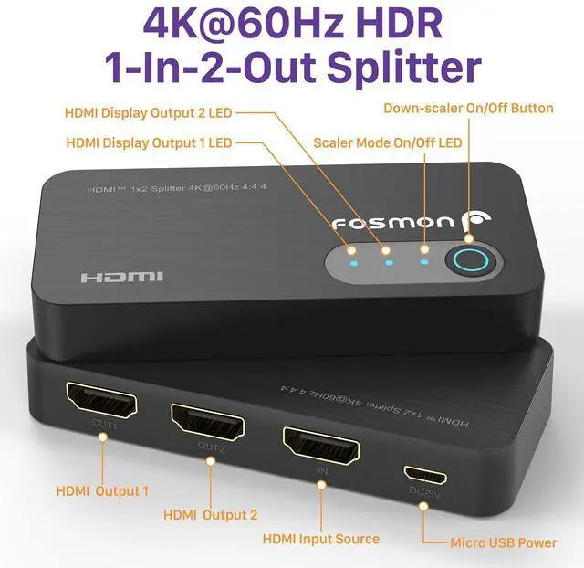 Alt view image 2 of 6 - Fosmon 2-Port 4K HDMI 2.0 Splitter for Dual Monitors (Mirror Only), Supports Downscale, HDCP 2.2, HDR10, Dolby, HDMI Splitter for PS5, PS4, Xbox