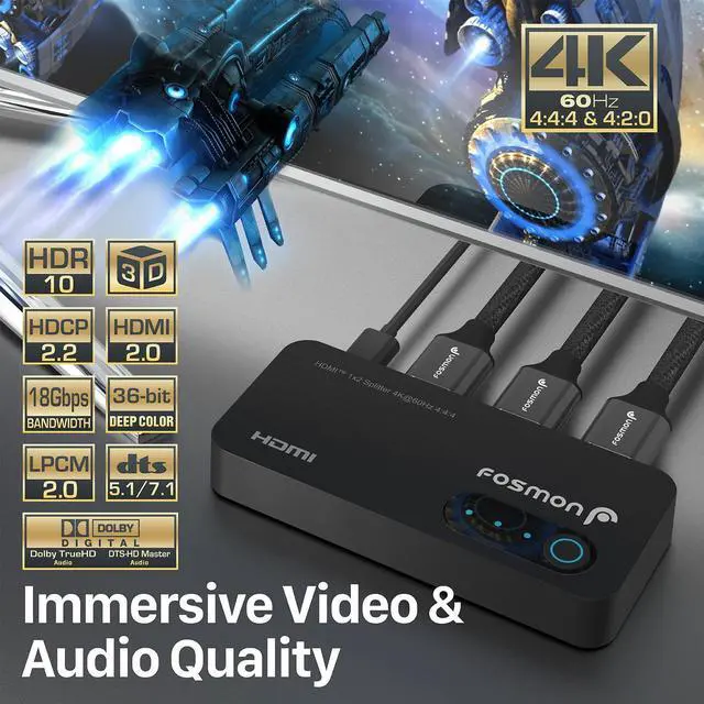 Alt view image 3 of 6 - Fosmon 2-Port 4K HDMI 2.0 Splitter for Dual Monitors (Mirror Only), Supports Downscale, HDCP 2.2, HDR10, Dolby, HDMI Splitter for PS5, PS4, Xbox