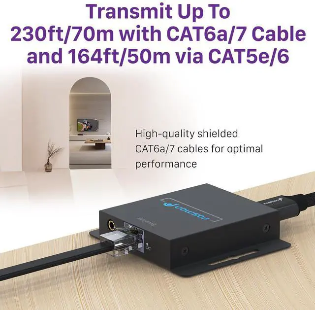 Alt view image 5 of 6 - Fosmon HDMI Extender Splitter Over Cat5/6/7 Ethernet Cable Up to 230ft, 1080P HDMI Splitter with Auto EQ, POC, IR Remote Control