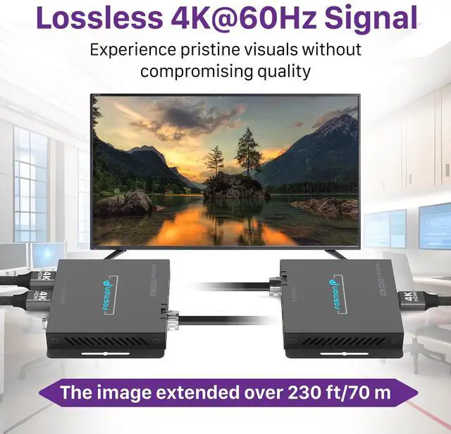 Alt view image 5 of 6 - Fosmon 2-Port 4K HDMI Extender Splitter Over Cat6a/7 Ethernet Cable Up to 230ft, 1 in 2 Out HDMI Splitter with AC Adapter, POC, IR Remote Control