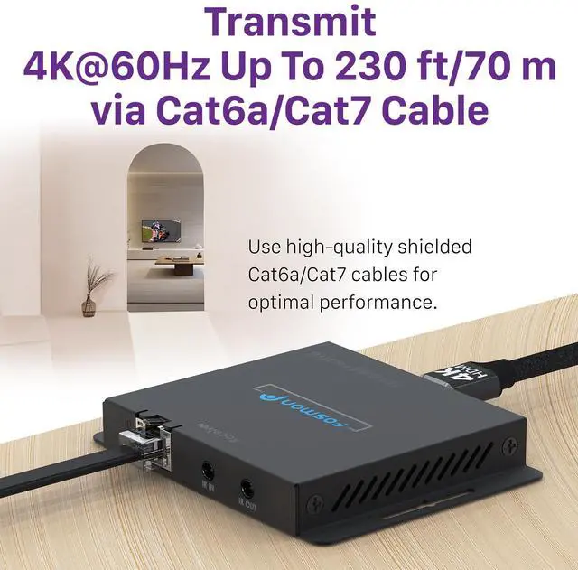 Alt view image 4 of 6 - Fosmon 2-Port 4K HDMI Extender Splitter Over Cat6a/7 Ethernet Cable Up to 230ft, 1 in 2 Out HDMI Splitter with AC Adapter, POC, IR Remote Control