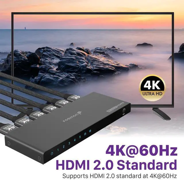 Alt view image 2 of 6 - Fosmon 5-Port 4K HDMI 2.0 Switch with Remote Control, Auto-Switching HDMI Switcher, HDCP 2.2 HDMI Splitter for PS5, Xbox X, Apple TV