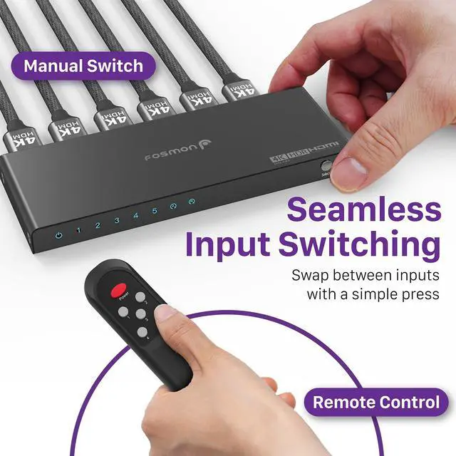 Alt view image 3 of 6 - Fosmon 5-Port 4K HDMI 2.0 Switch with Remote Control, Auto-Switching HDMI Switcher, HDCP 2.2 HDMI Splitter for PS5, Xbox X, Apple TV