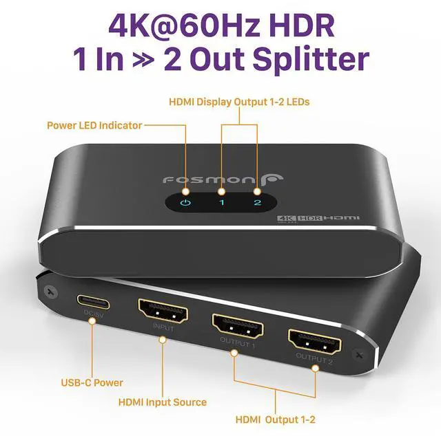 Alt view image 2 of 6 - Fosmon HDMI Splitter 1 in 2 Out (4K@60Hz) 2 Port HDMI Splitter for Dual Monitors with EDID Down-Scaler for Dual Identical Display Support