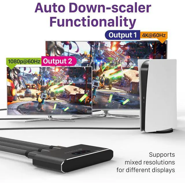 Alt view image 4 of 6 - Fosmon HDMI Splitter 1 in 2 Out (4K@60Hz) 2 Port HDMI Splitter for Dual Monitors with EDID Down-Scaler for Dual Identical Display Support