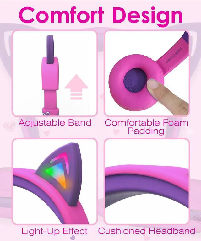 Alt view image 2 of 7 - FosPower Wired Kids Headphones with Cord, LED Cat Ears, Foldable Light Up On Ear Headphones for Kids School iPad Tablet with 3.5mm - Hot Pink / Purple