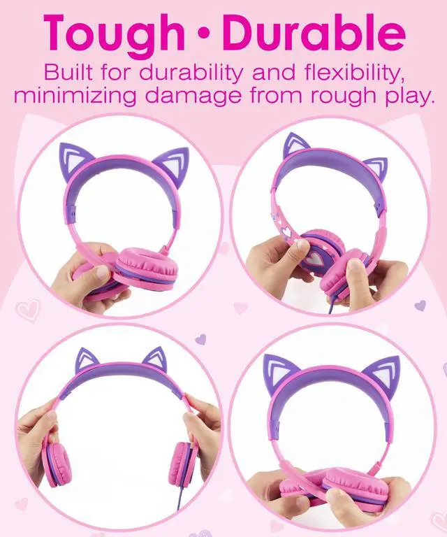 Alt view image 3 of 7 - FosPower Wired Kids Headphones with Cord, LED Cat Ears, Foldable Light Up On Ear Headphones for Kids School iPad Tablet with 3.5mm - Hot Pink / Purple