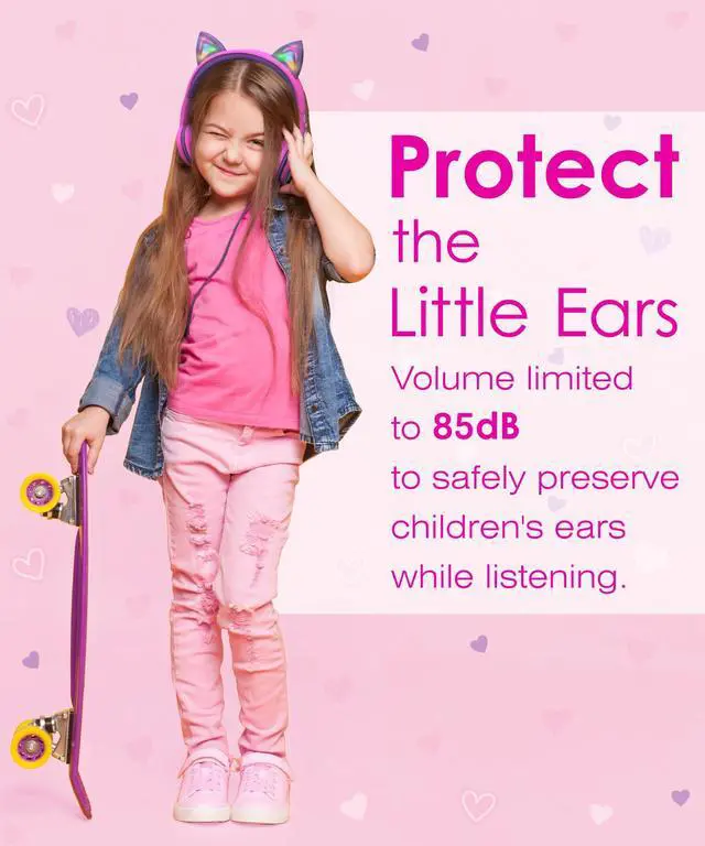Alt view image 4 of 7 - FosPower Wired Kids Headphones with Cord, LED Cat Ears, Foldable Light Up On Ear Headphones for Kids School iPad Tablet with 3.5mm - Hot Pink / Purple