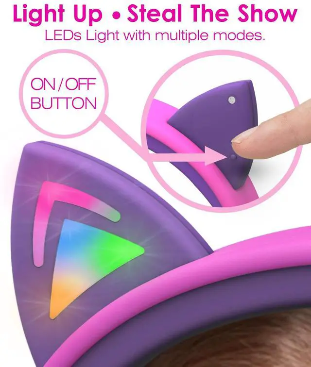 Alt view image 5 of 7 - FosPower Wired Kids Headphones with Cord, LED Cat Ears, Foldable Light Up On Ear Headphones for Kids School iPad Tablet with 3.5mm - Hot Pink / Purple