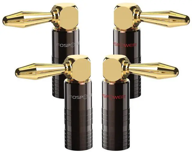Main image of FosPower Right Angle Banana Plugs (2 Pairs / 4 pcs), Closed Screw 24K Gold Plated Banana Speaker Plug Connectors for Speaker Wire, Wall Plate