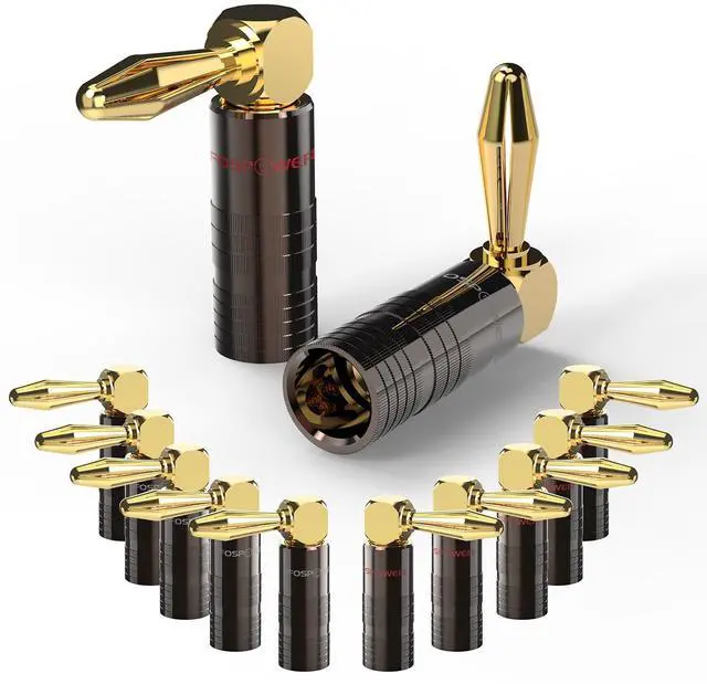 Main image of FosPower Right Angle Banana Plugs (6 Pairs / 12 pcs), Closed Screw 24K Gold Plated Banana Speaker Plug Connectors for Speaker Wire, Wall Plate