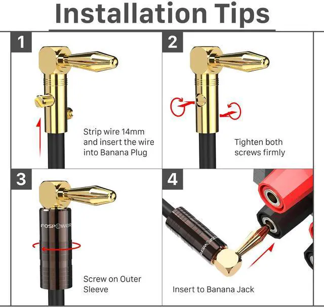 Alt view image 6 of 6 - FosPower Right Angle Banana Plugs (6 Pairs / 12 pcs), Closed Screw 24K Gold Plated Banana Speaker Plug Connectors for Speaker Wire, Wall Plate