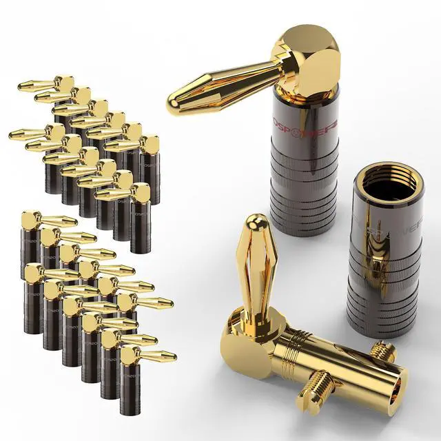 Main image of FosPower Right Angle Banana Plugs (12 Pairs / 24 pcs), Closed Screw 24K Gold Plated Banana Speaker Plug Connectors for Speaker Wire, Wall Plate