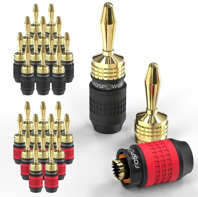Main image of FosPower Deadbolt Banana Plugs 12 Pairs / 24 pcs, Screwless Type 24k Gold Plated Banana Speaker Plug Connectors