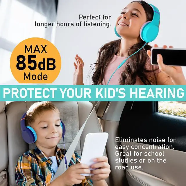 Alt view image 3 of 7 - FosPower Wired Kids Headphones for School, Foldable Over Ear Headphones with Cord Microphone Mic, 3.5mm AUX Cable, Volume Control, Mint / Pink