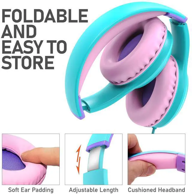 Alt view image 5 of 7 - FosPower Wired Kids Headphones for School, Foldable Over Ear Headphones with Cord Microphone Mic, 3.5mm AUX Cable, Volume Control, Mint / Pink