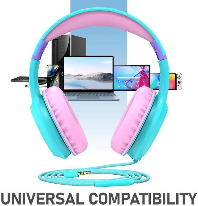 Alt view image 6 of 7 - FosPower Wired Kids Headphones for School, Foldable Over Ear Headphones with Cord Microphone Mic, 3.5mm AUX Cable, Volume Control, Mint / Pink