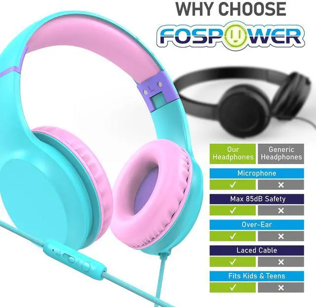 Alt view image 7 of 7 - FosPower Wired Kids Headphones for School, Foldable Over Ear Headphones with Cord Microphone Mic, 3.5mm AUX Cable, Volume Control, Mint / Pink