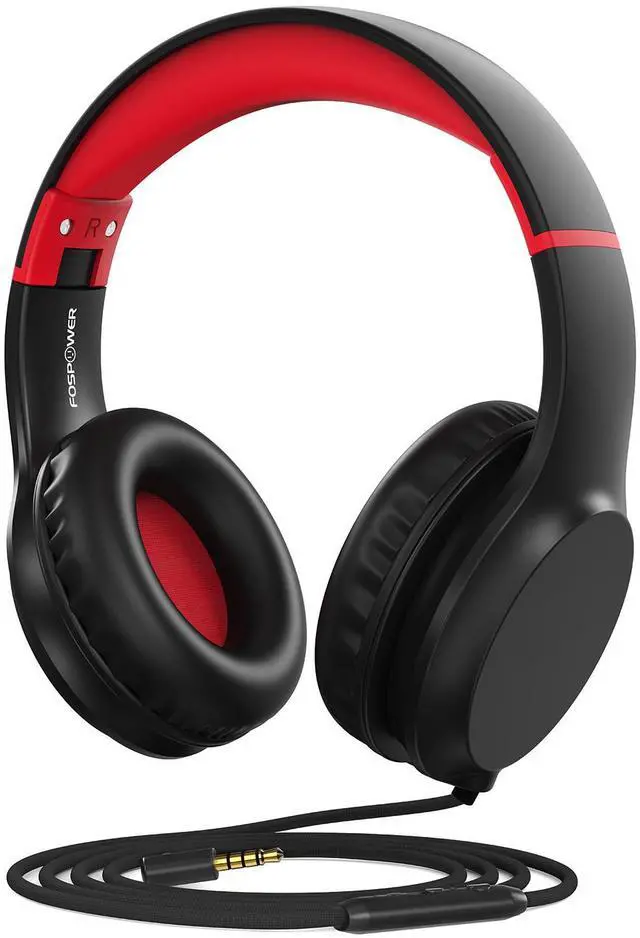 Main image of FosPower Wired Kids Headphones for School, Foldable Over Ear Headphones with Microphone Mic, 3.5mm AUX Cable, Volume Control, Black/Red