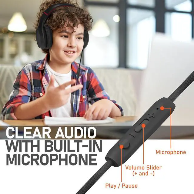 Alt view image 4 of 7 - FosPower Wired Kids Headphones for School, Foldable Over Ear Headphones with Microphone Mic, 3.5mm AUX Cable, Volume Control, Black/Red