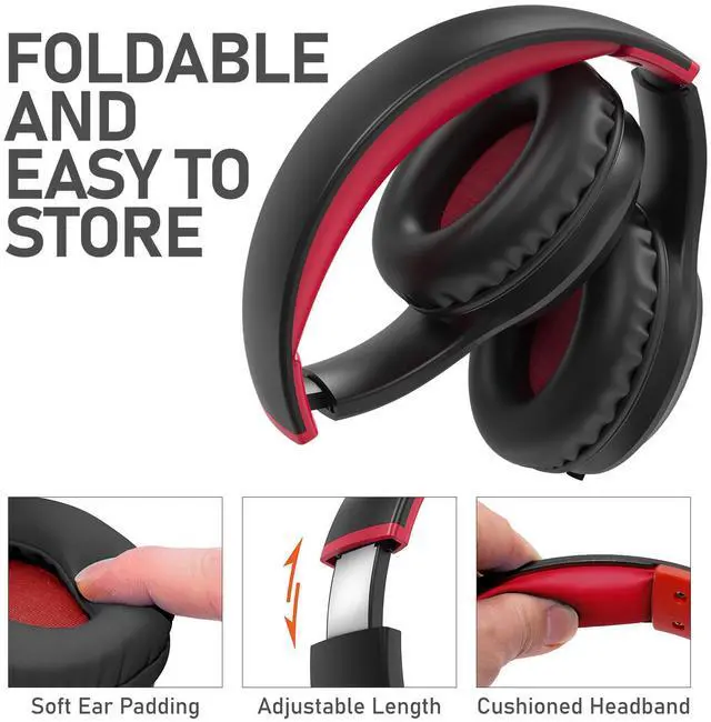 Alt view image 5 of 7 - FosPower Wired Kids Headphones for School, Foldable Over Ear Headphones with Microphone Mic, 3.5mm AUX Cable, Volume Control, Black/Red