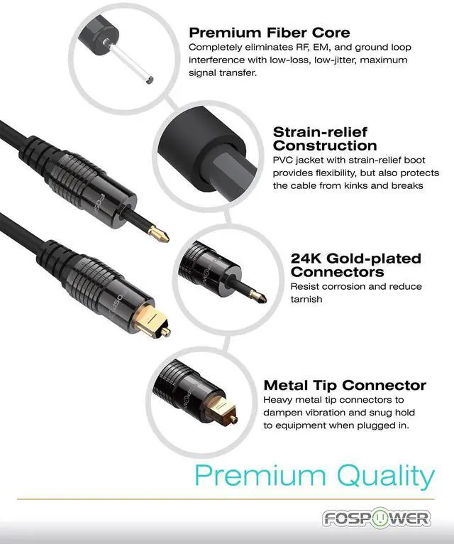 Alt view image 7 of 7 - FosPower 24K Gold-Plated Toslink to Mini Toslink Cable - 6FT, S/PDIF Digital Optical  Audio Cable, Premium Fiber Core Optical Cable