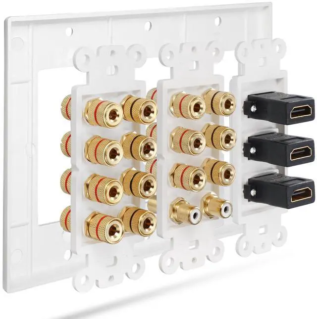 Alt view image 4 of 4 - Fosmon 3 Gang Wall Plate, (3-Gang 7.2 Surround Sound Distribution) Home Theater Copper Banana Binding Post Coupler Type Wall Plated for 7 Speakers