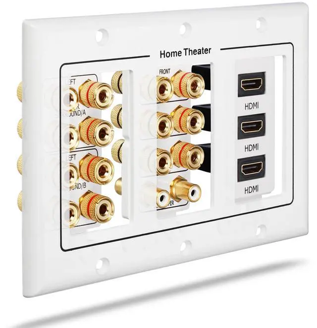 Alt view image 3 of 4 - Fosmon 3 Gang Wall Plate, (3-Gang 7.2 Surround Sound Distribution) Home Theater Copper Banana Binding Post Coupler Type Wall Plated for 7 Speakers